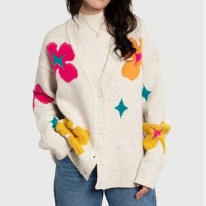 SAACHI Cream Floral Appliqué Button-Up Sweater Cardigan